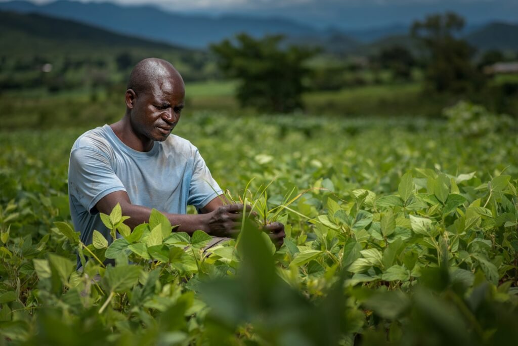 African farmer tending crops in a green field