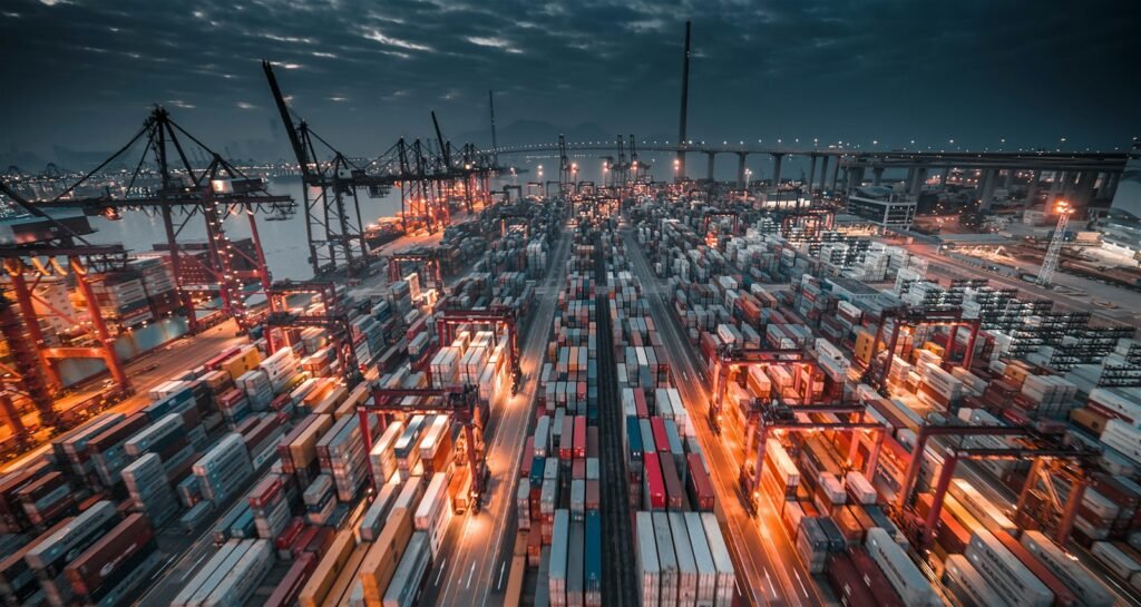 Busy shipping port with stacked containers